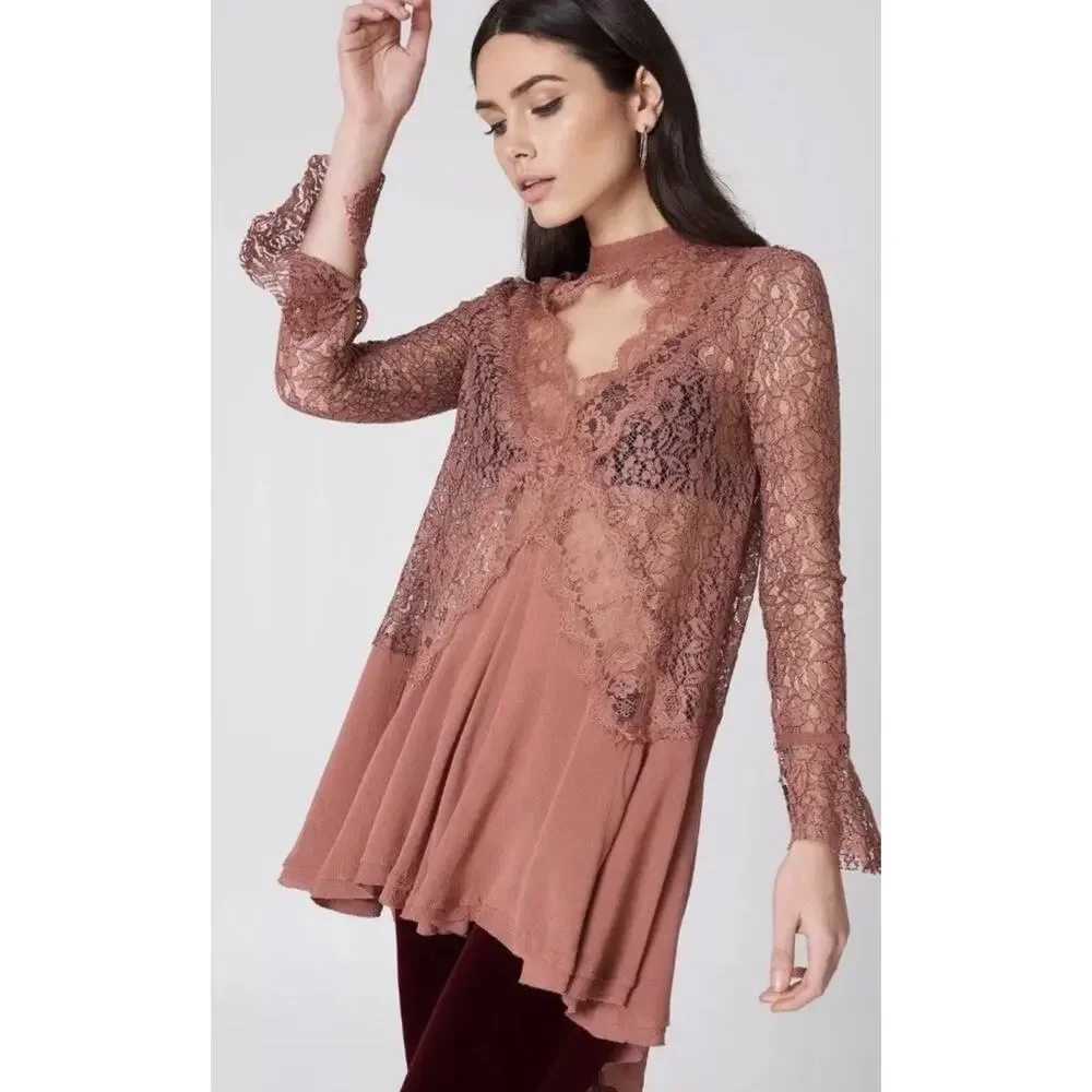 Free People Secret Origins Lace Tunic Dusty Mauve Size Medium